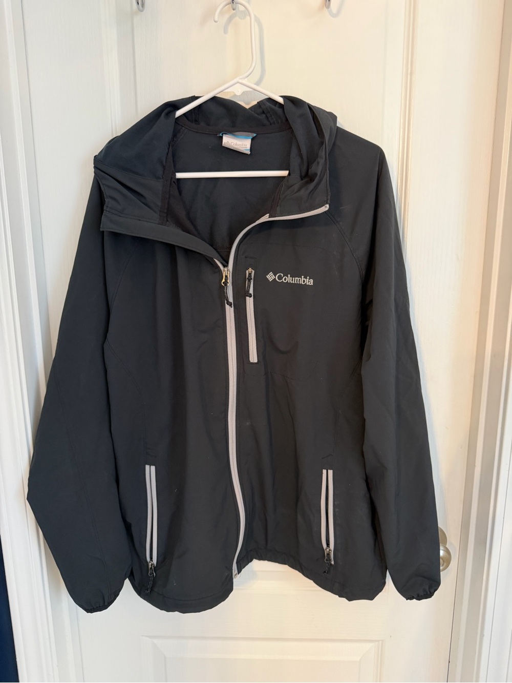 Columbia Hooded Bomber Jacket in Dark Gray with White Zippers